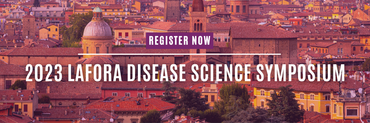 This is an image of the Bologna skyline with a purple filter. On top is a button reading register now and below it is text that says 2023 Lafora Disease Science Symposium.