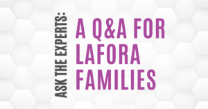 Text says 'Ask the experts: a q&a for Lafora families' over a white and gray hexagonal background.