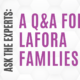 Text says 'Ask the experts: a q&a for Lafora families' over a white and gray hexagonal background.