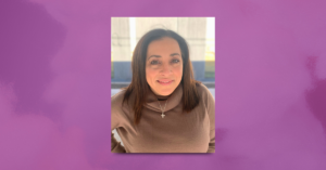 This is a graphic with a headshot of Niki Markou smiling in the center. The background is a purple gradient.