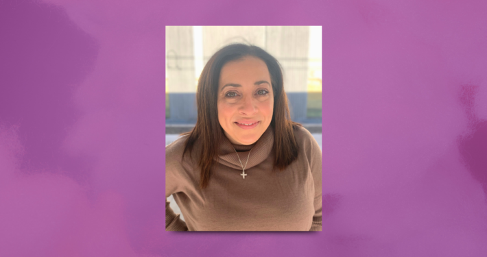 This is a graphic with a headshot of Niki Markou smiling in the center. The background is a purple gradient.