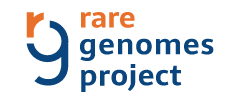 This is the Rare Genomes Project logo. To the left is a small orange r that flows into a blue g. Lowercase text reading rare is in orange to the right while blue text reads genomes project below it.