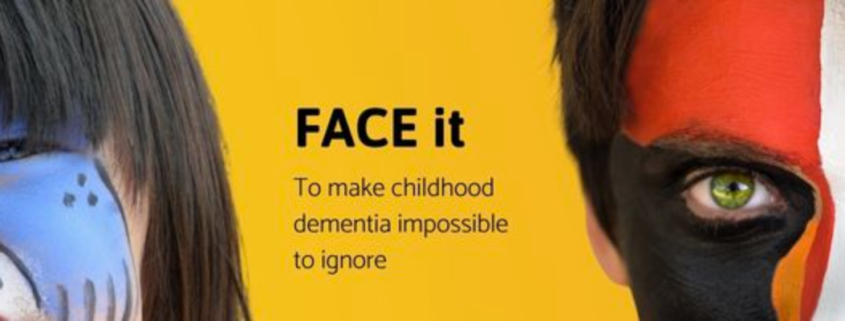 The background is bright yellow. On the left is a child with blue face paint. To the right is another child, who has red, white, and black face paint on, Between the children, the text reads, 'FACE it To make childhood dementia impossible to ignore'.