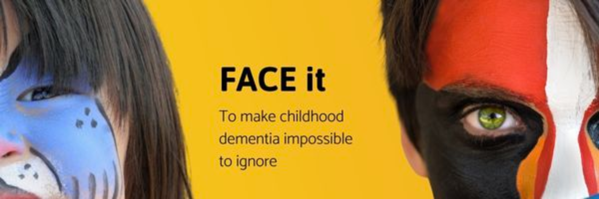 The background is bright yellow. On the left is a child with blue face paint. To the right is another child, who has red, white, and black face paint on, Between the children, the text reads, 'FACE it To make childhood dementia impossible to ignore'.