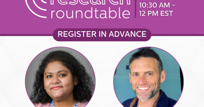 Image includes a purple rectangle in the background of top third. The Chelsea's Hope Lafora Children Research Fund research roundtable logo is towards the left of the rectangle in white. It has half a bullseye to the left of the text. To the right of the logo's text is a purple line. On the other side, white text says 'Thursday, 8 February 10:30 AM - 12 PM EST.' a darket purple line separates the purple background from the white hexagons that make up the rest of the image. Below that, white text on a purple oval says 'REGISTER IN ADVANCE.' The photo on the left is a headshot of Sharmistha Mitra, Ph.D. with text beneath her name that says 'UT Southwestern Medical Center.' The photo on the right is a headshot of Jeff Milton with text beneath his name that says 'La Jolla Labs, Inc.'