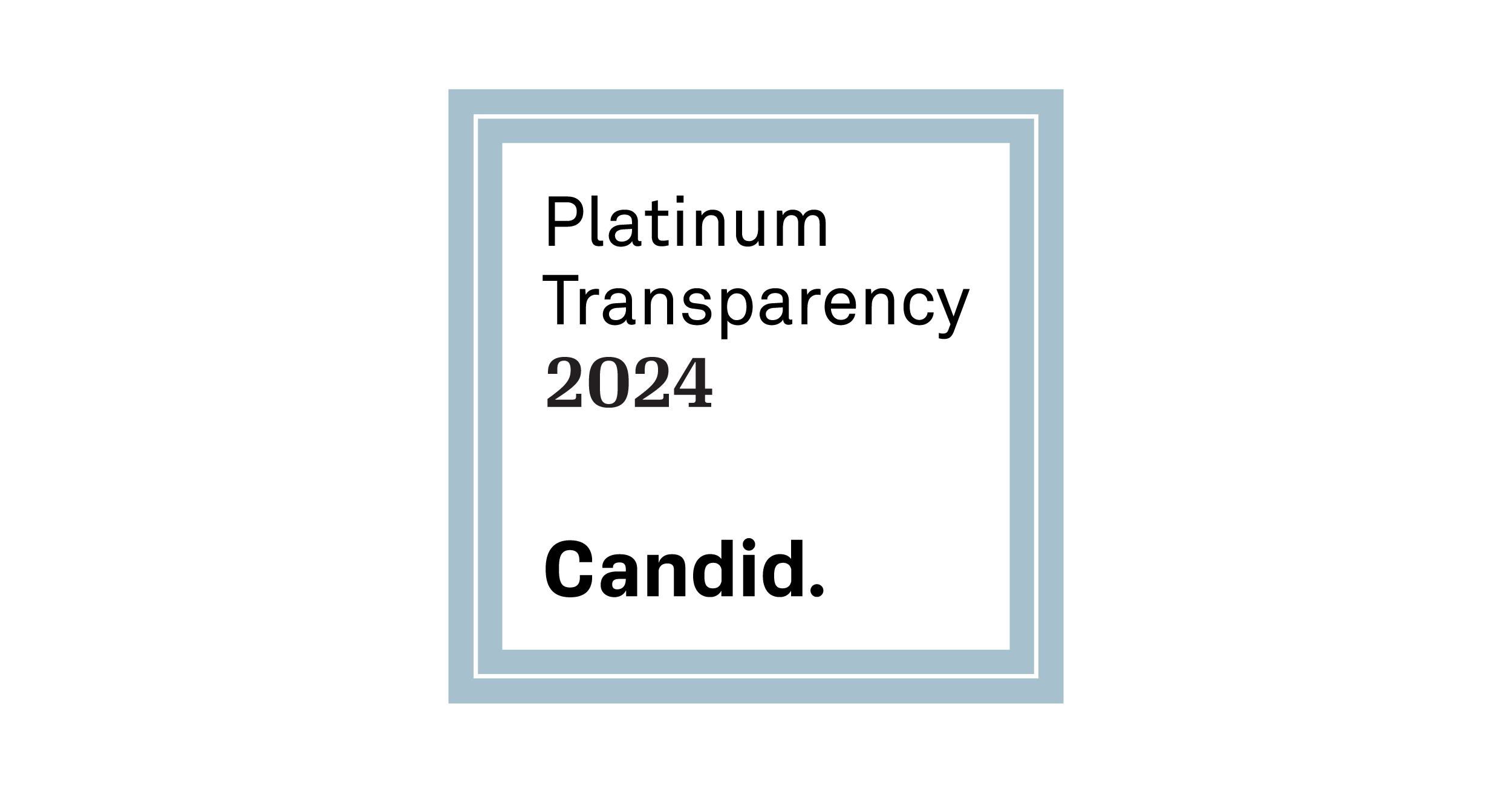 This is the Platinum Seal of Transparency from Candid. It has a platinum border, white square center, and text that says 'Platinum Transparency 2024 Candid.'