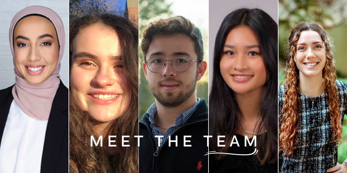 Text says 'MEET THE TEAM' on top of a photo of Maysoon Hussain, Celine Lozach, Tomás Quintero, Emilie Heller, and Mariah Merriam