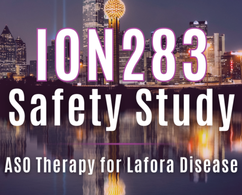 Text says 'ION283 Safety Study ASO Therapy for Lafora Disease' over a background image of the Dallas, Texas, skyline