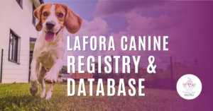 Text says 'LAFORA CANINE REGISTRY & DATABASE' above an image of a beagle running in a yard. A purple gradient covers the image, with the round Chelsea's Hope Lafora Children Research Fund logo in the bottom right-hand corner.