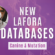 White text says 'NEW LAFORA DATABASES' above an image of genetic mutation. It has a purple overlay. Purple text over a white block says 'Canine & Mutation.' There is a photo of a beagle to the left of the text. White and purple circles decorate the edges of the graphic, with the round Chelsea's Hope Lafora Children Research Fund logo in the bottom right-hand corner.