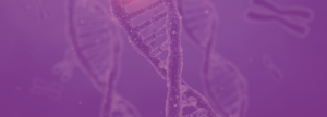 A purple image of genetic mutation. Broken DNA strands are on the edges of the graphic.