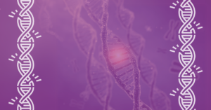 A purple image of genetic mutation. Broken DNA strands are on the edges of the graphic.