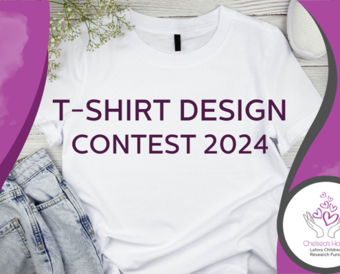 Purple text says: T-SHIRT DESIGN CONTEST 2024. The background is purple. The Chelsea's Hope round logo is to the bottom right. There's a photo of a white t-shirt in the center.