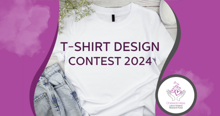 Purple text says: T-SHIRT DESIGN CONTEST 2024. The background is purple. The Chelsea's Hope round logo is to the bottom right. There's a photo of a white t-shirt in the center.