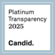 This is the Platinum Seal of Transparency from Candid. It has a platinum border, white square center, and text that says 'Platinum Transparency 2025 Candid.'