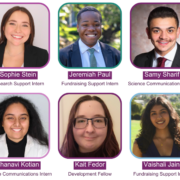 A graphic with nine headshots introducing new team members; text says: Meet the team sophie stein research support intern jeremiah paul fundraising support intern samy sharif science communications intern sara gerber research support intern sally leung research support intern jhanavi kotian science communications intern kait fedor development fellow vaishali jain fundraising support intern anna gould science communications intern